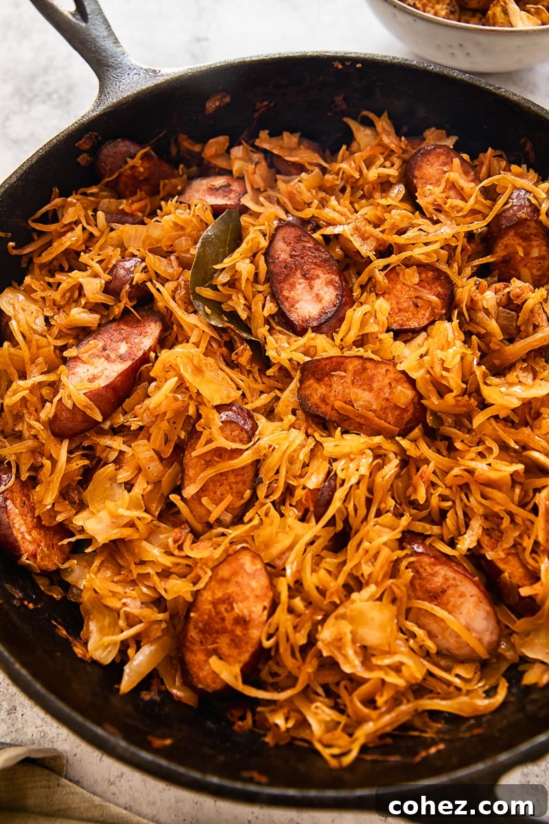 Rustic Kielbasa and Kraut Skillet 4 Hearty braised sauerkraut with tomatoes and sliced kielbasa served in a rustic skillet, a perfect comfort food.