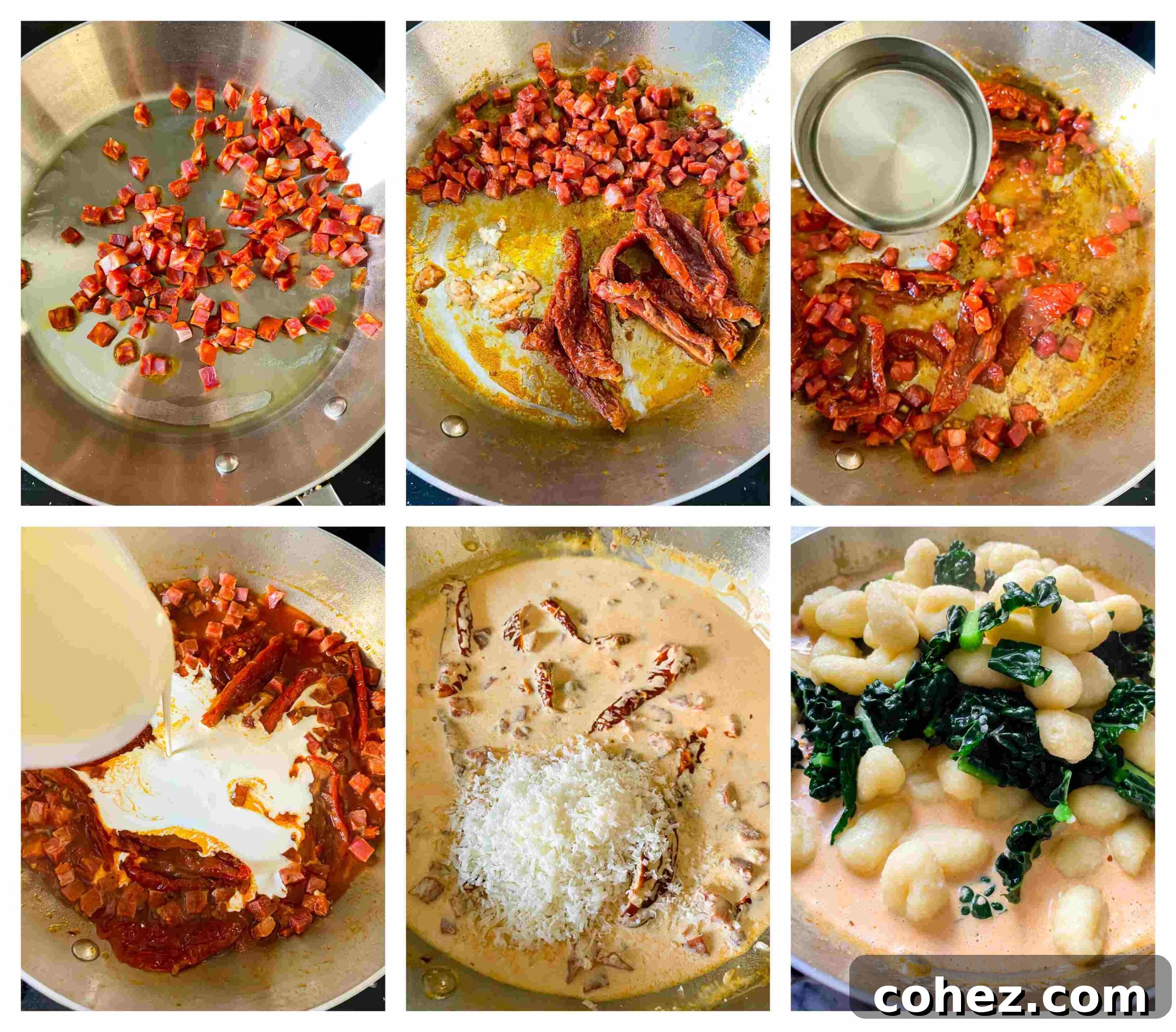 Step-by-step images showing the cooking process for chorizo gnocchi, from browning chorizo to mixing with sauce.