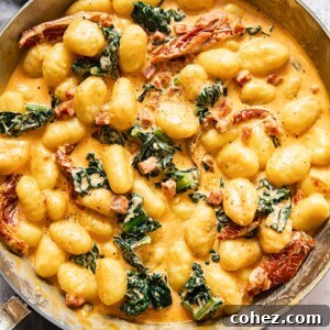 Top down view of creamy gnocchi with sun-dried tomatoes and kale in a pan