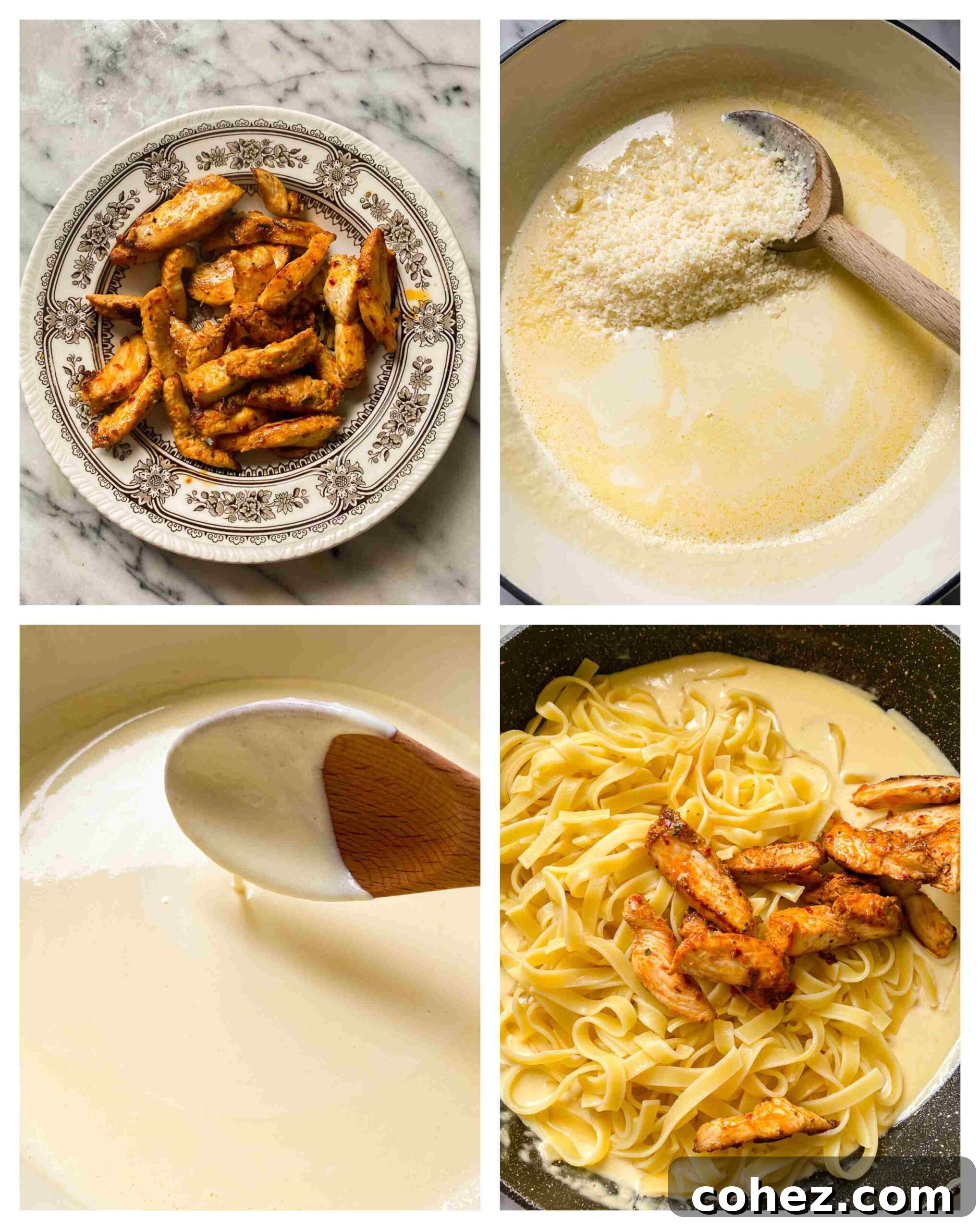 A series of three process images showing the preparation of Cajun Chicken Alfredo, from cooking chicken to combining with sauce.