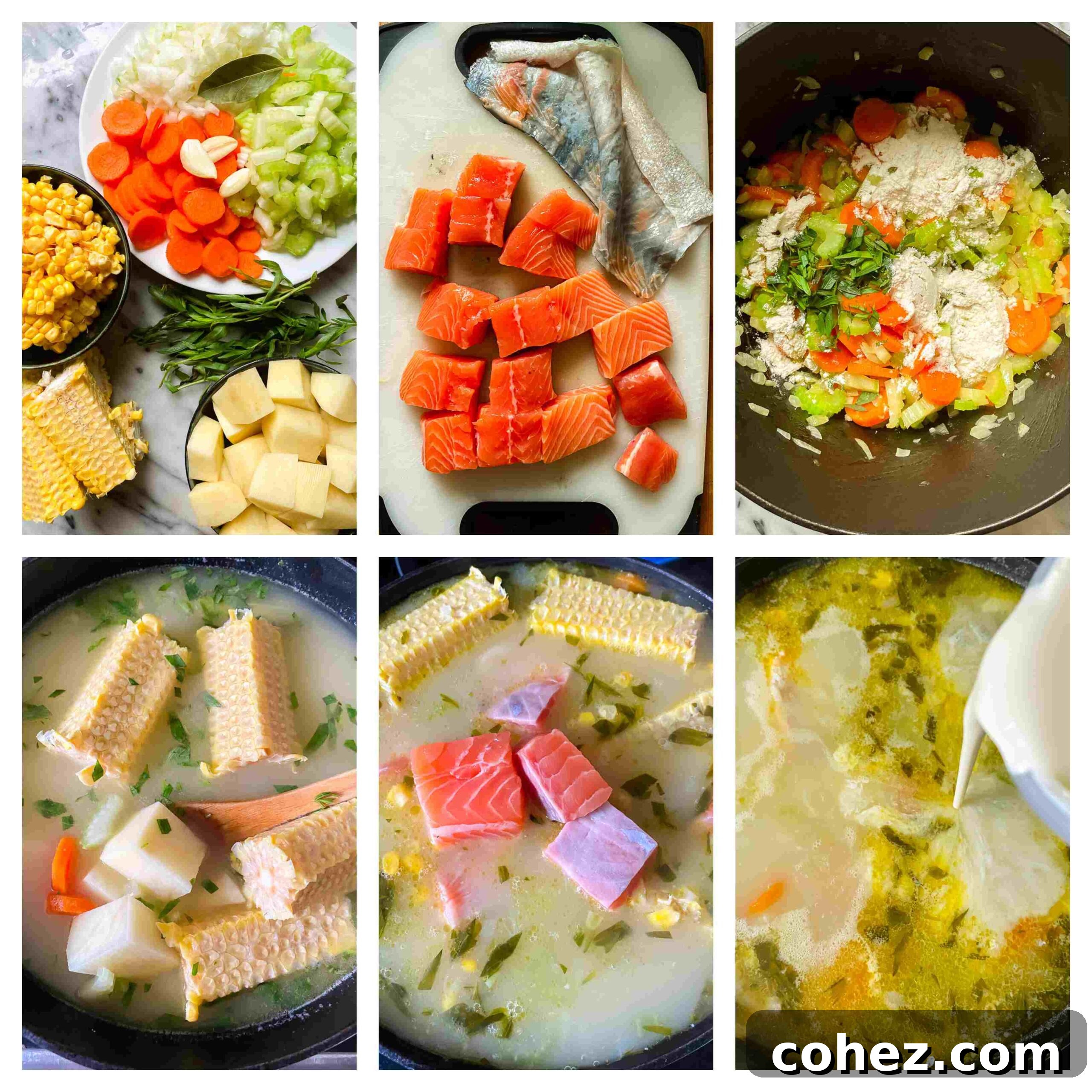 A collage of process images showing the step-by-step preparation of creamy salmon chowder, from chopping vegetables to simmering in the pot.