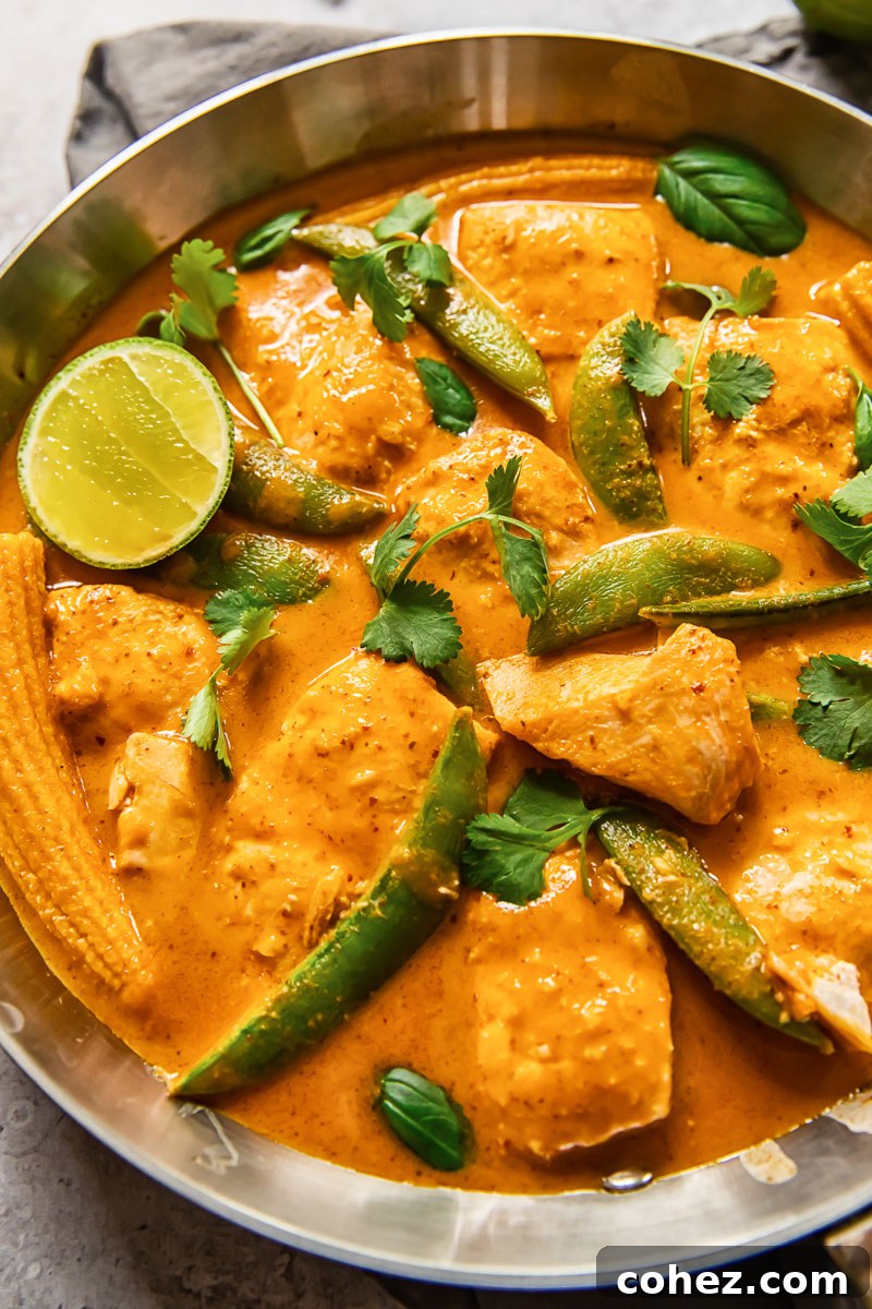Delicious salmon curry in a pan, ready to be served