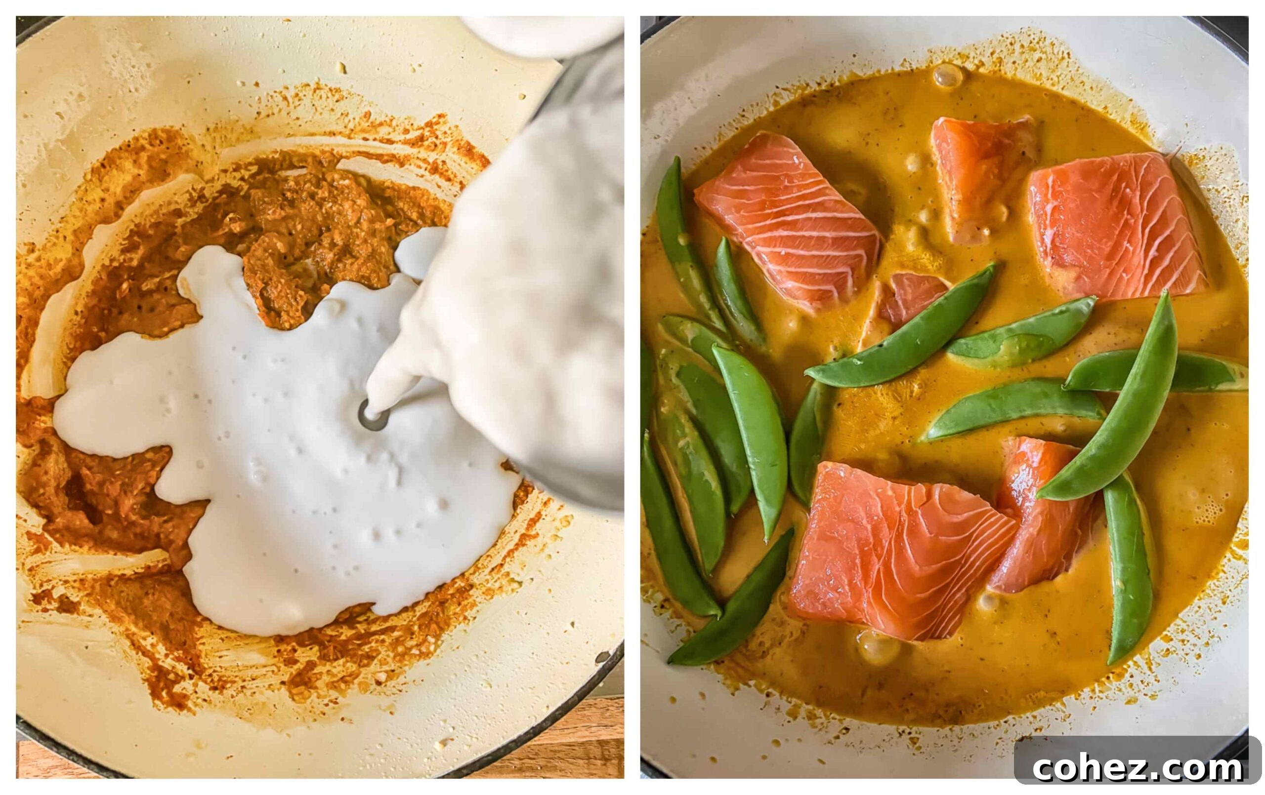 Step-by-step process images for making fish curry, showing ingredients and cooking stages