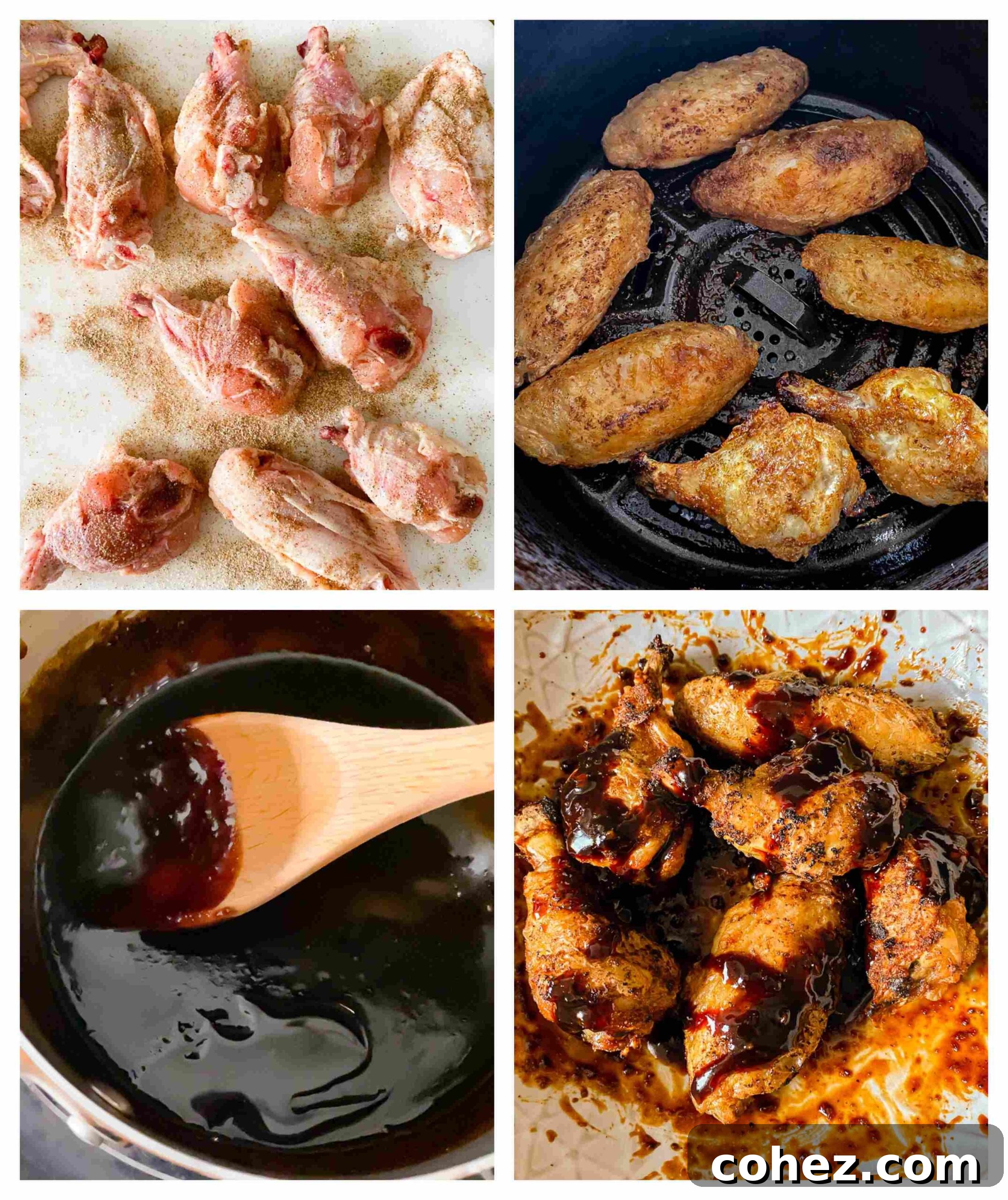 Step-by-step process images for making air fryer chicken wings, showing seasoning, air frying, and glazing.