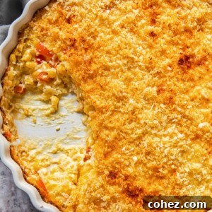 top down view of scalloped corn casserole
