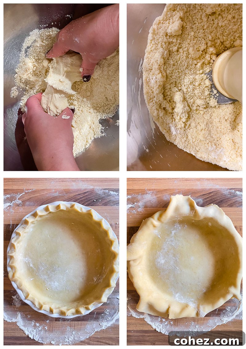 Four sequential process images demonstrating the making of shortcrust pastry, from combining ingredients to forming the dough.