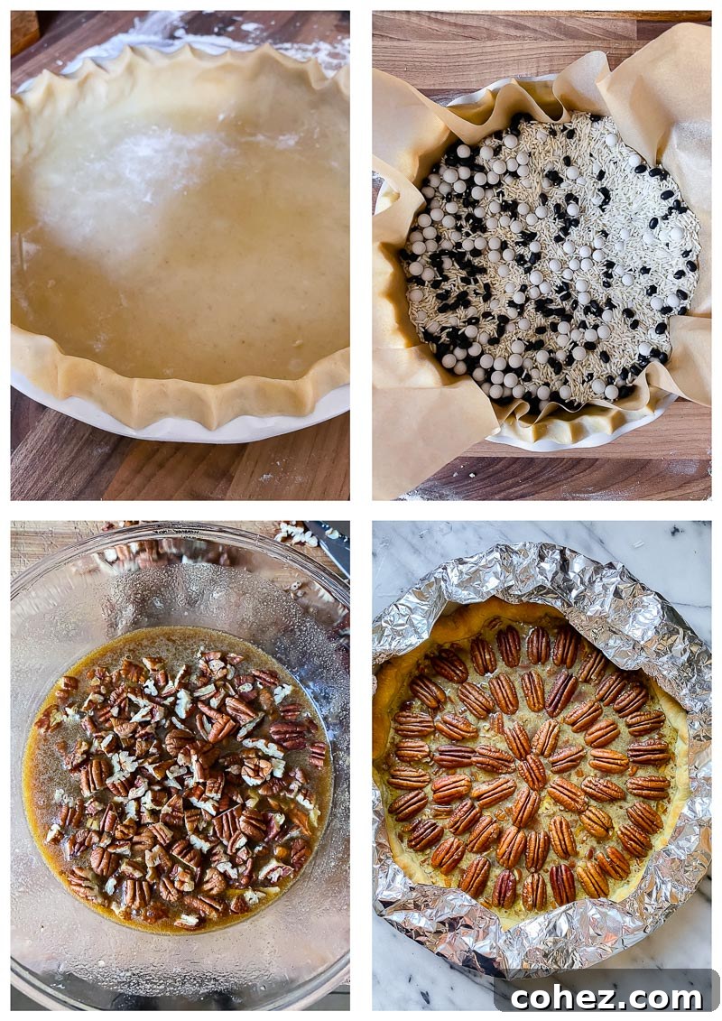 Four process images showing how to prepare the pecan pie filling, assemble the pie, and arrange pecan halves on top before baking.