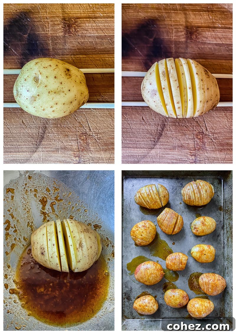 Step-by-step process images for making hasselback potatoes, showing slicing, seasoning, and roasting stages