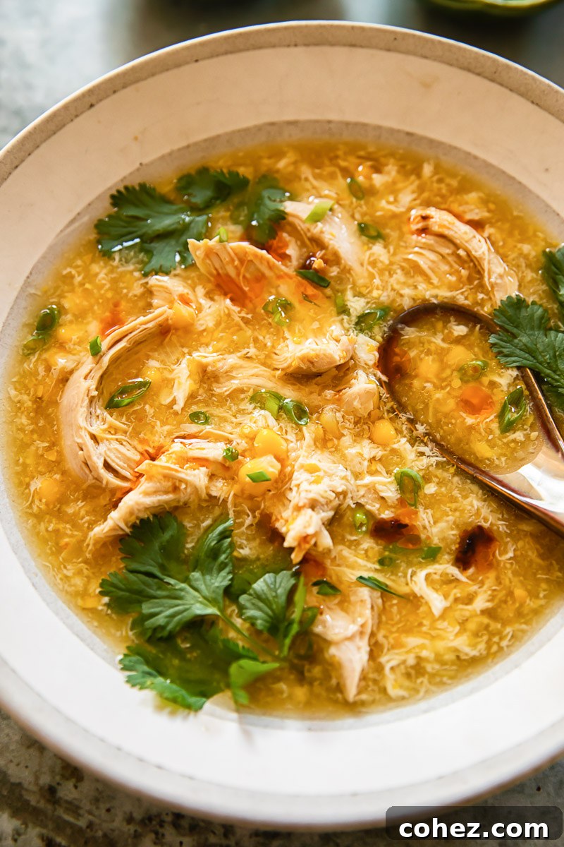 chicken and corn soup in a bowl topped with fresh coriander leaves