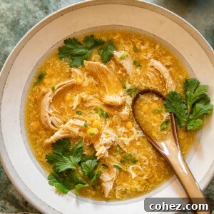 top down view of chicken and corn soup in a bowl
