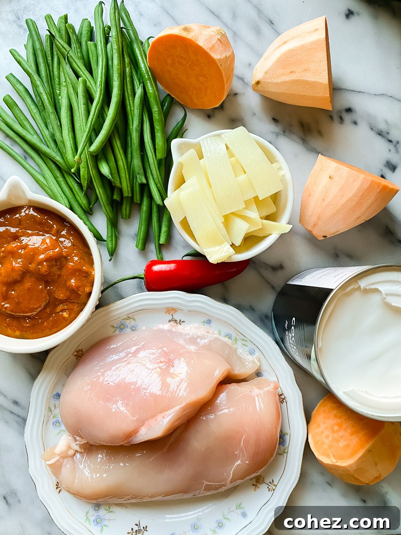 Golden Chicken and Sweet Potato Curry 3 Fresh ingredients for Thai chicken curry, including chicken breasts, sweet potatoes, green beans, bamboo shoots, and a jar of red curry paste, arranged on a marble surface.