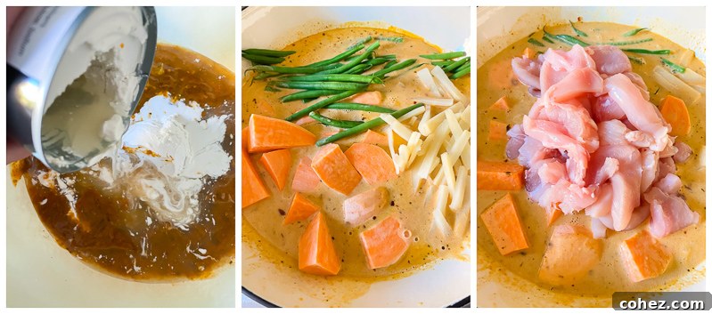Golden Chicken and Sweet Potato Curry 4 A collage of three process images showing the steps of making chicken and sweet potato curry: sautéing curry paste, adding ingredients to the pan, and simmering the curry.