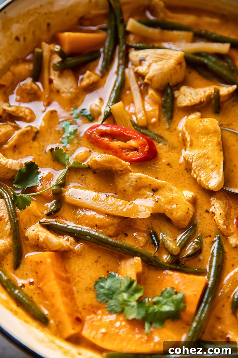 Golden Chicken and Sweet Potato Curry 5 A close-up shot of Thai red curry with chicken, sweet potatoes, and green beans in a white pan, showcasing its rich texture and vibrant colors.