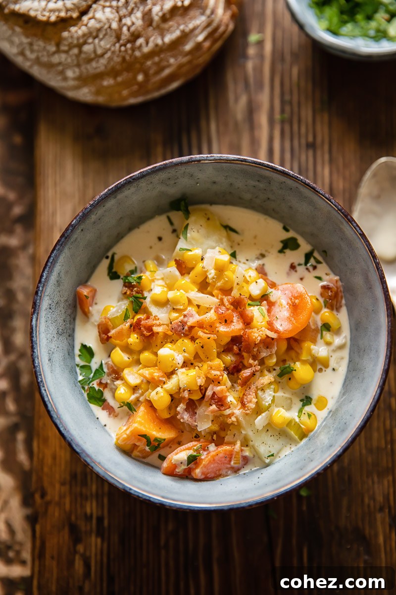 A comforting bowl of creamy corn chowder garnished with fresh herbs and crispy bacon, set against a cozy backdrop, highlighting its rich texture and inviting warmth.