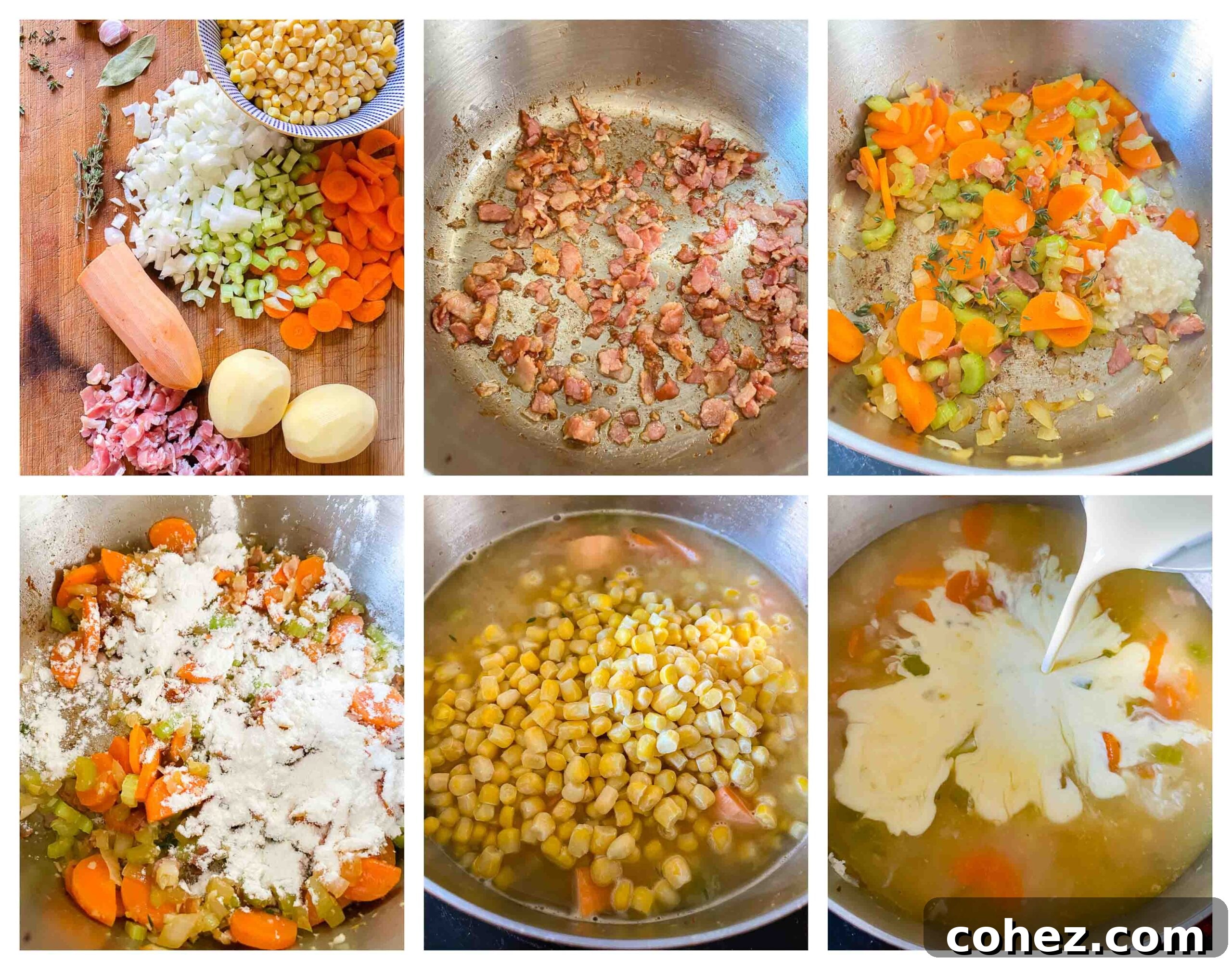 A step-by-step visual guide to preparing creamy corn chowder, showing ingredients being sautéed and simmered to perfection in a pot.