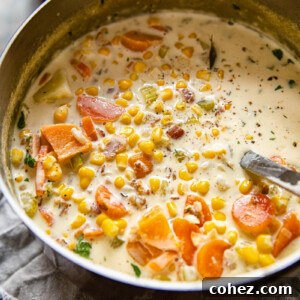 corn chowder with sweet potatoes in a soup pot
