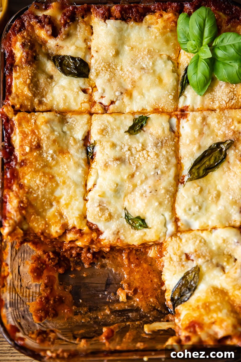 top down view of lasagne in a pan cut into squares, showcasing layers of pasta, meat sauce, and creamy cheese