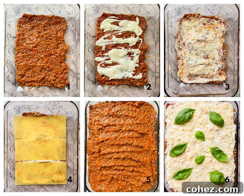 step-by-step process images for making lasagne, showing the layering of ingredients