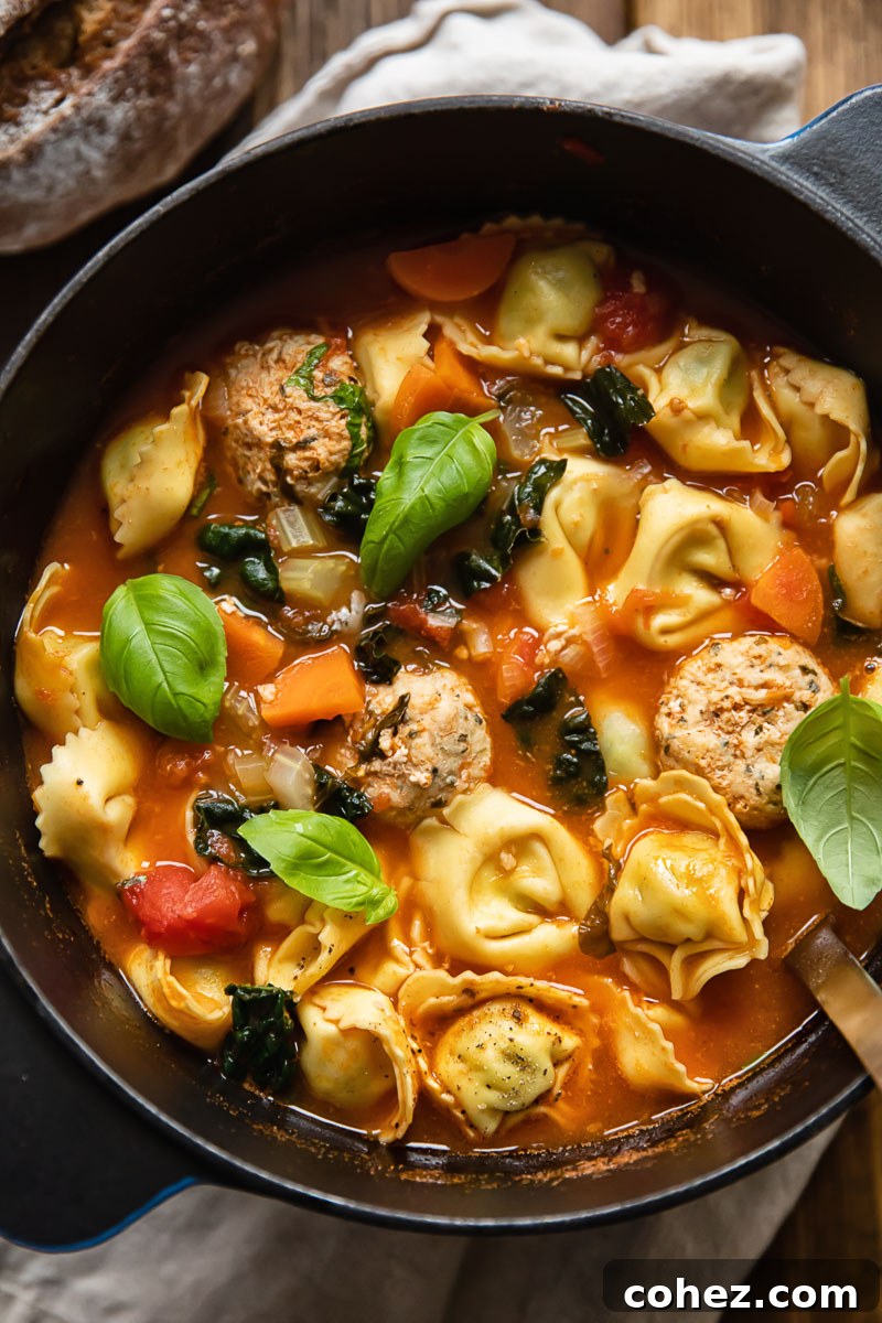A large pot filled with steaming chicken meatball tortellini soup, featuring a rich broth, tender meatballs, and colorful tortellini.