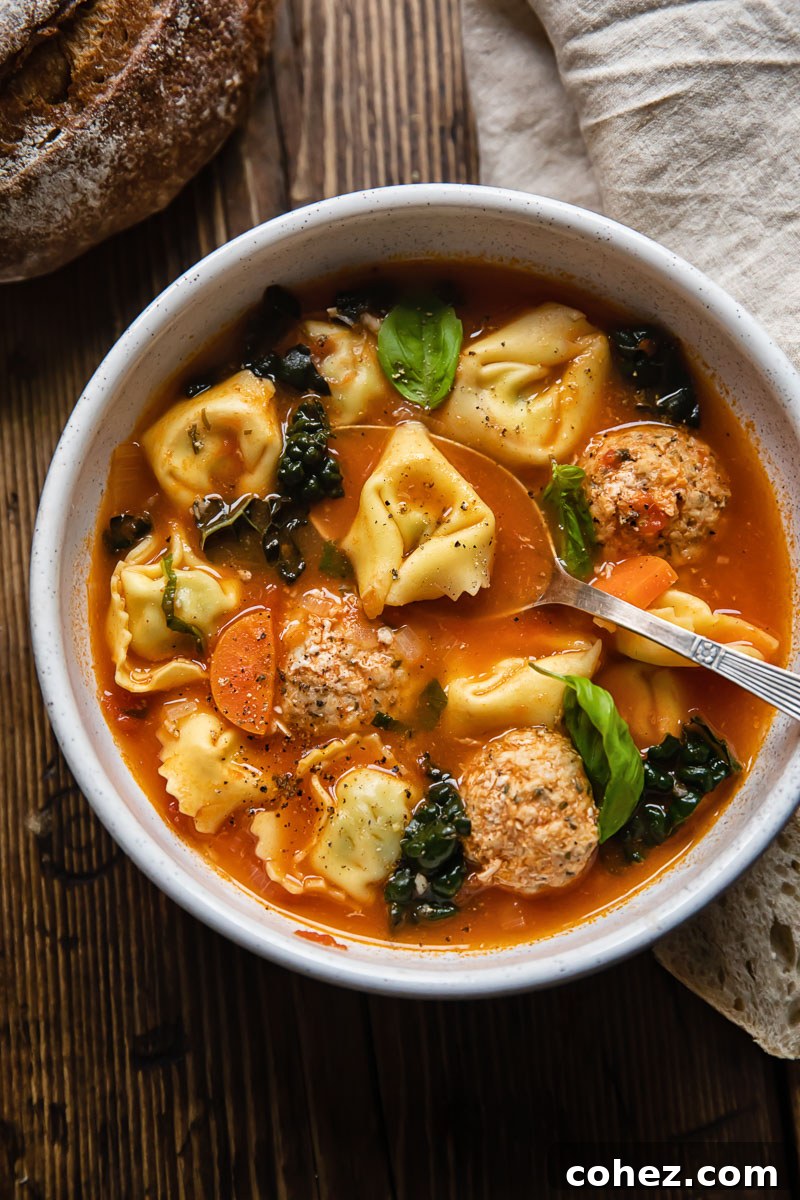A close-up of a bowl of homemade chicken meatball tortellini soup, garnished with fresh basil leaves, ready to be eaten.