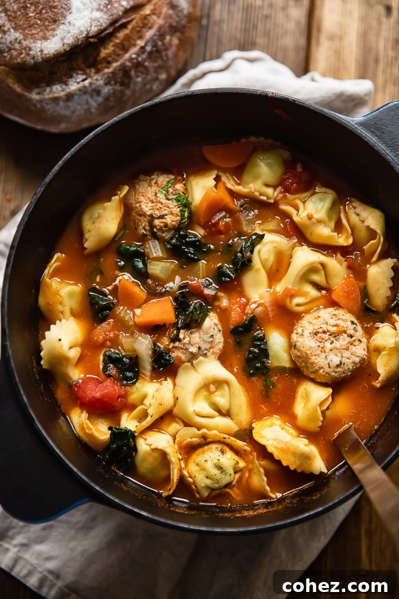 A serving of chicken meatball tortellini soup with fresh kale leaves, served in a ceramic bowl with a spoon.