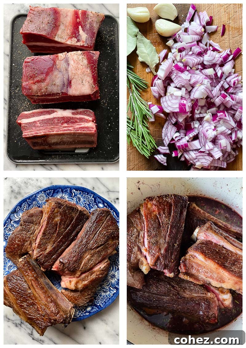 sequential images demonstrating the braising method for short ribs