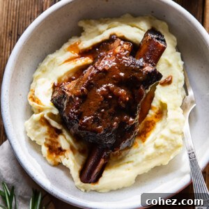 top down view of a braised short rib on top of mashed potatoes in a bowl, a glass of wine next to it