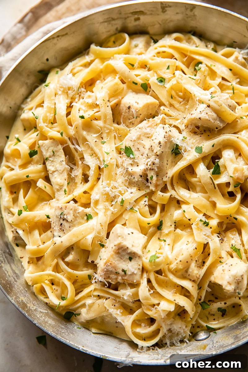 Creamy Fettuccine with Chicken in a rich mustard sauce, garnished with fresh herbs.
