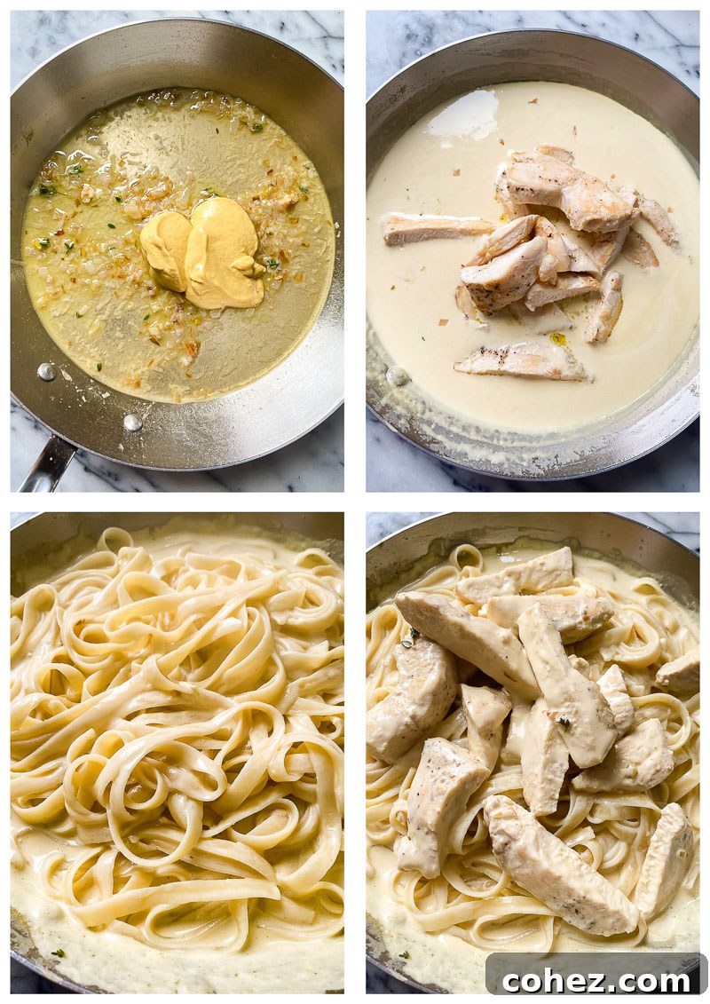 Collage of process images showing steps for making creamy mustard chicken pasta: cooking chicken, sauteing aromatics, simmering sauce.