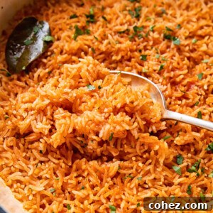 Peri Peri rice in a pan, scooped with a spoon