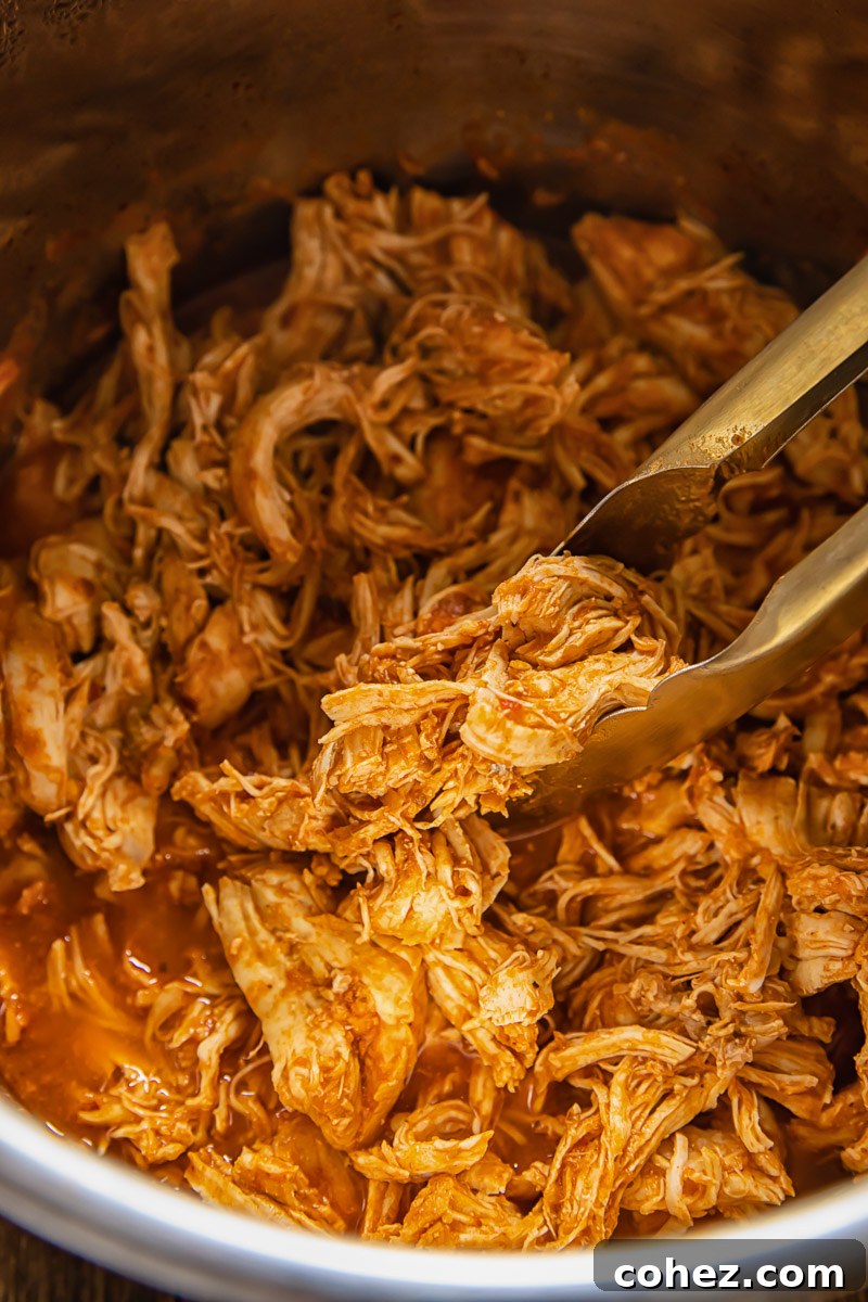 Fiesta Ready Instant Pot Chicken Tacos 3 Rich, saucy Instant Pot shredded chicken, ready for tacos or other Tex-Mex dishes