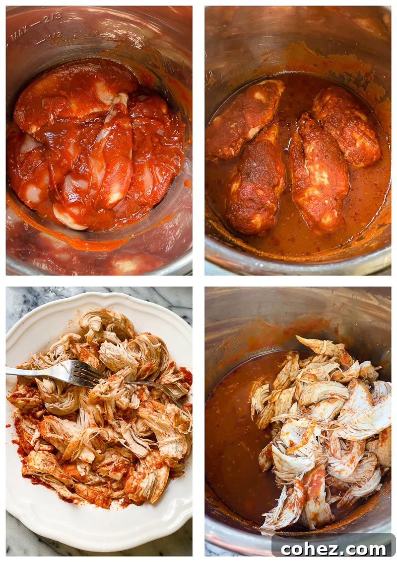 Fiesta Ready Instant Pot Chicken Tacos 5 Step-by-step process images for making Instant Pot shredded chicken, showing seasoning, cooking, and shredding
