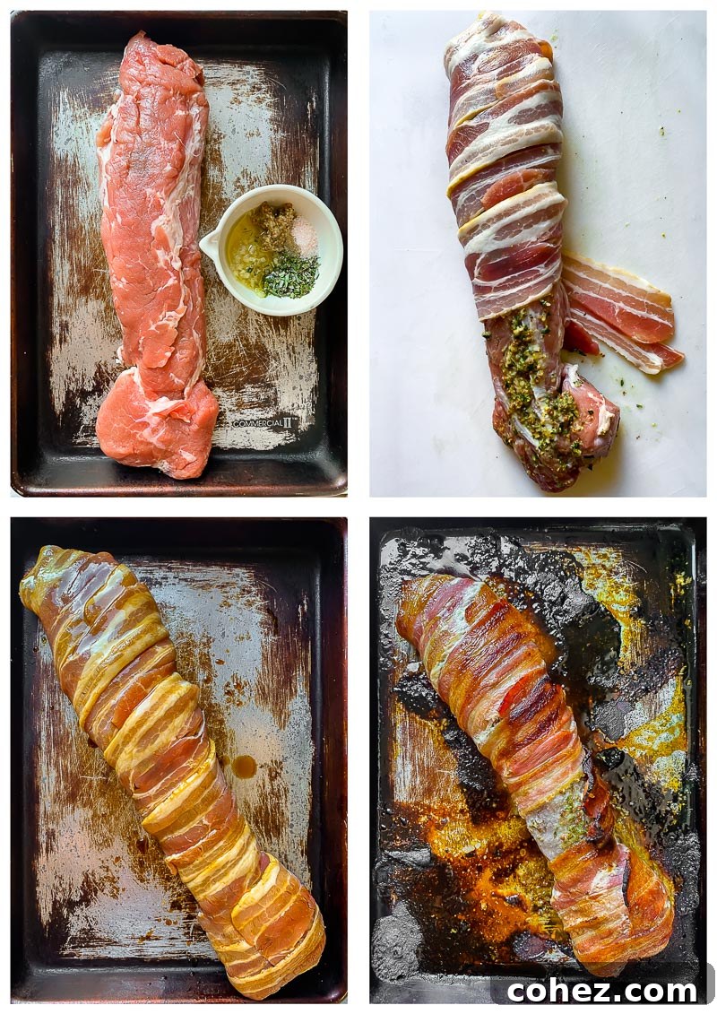 Step-by-step process images for preparing bacon-wrapped pork tenderloin, showcasing the wrapping and glazing stages