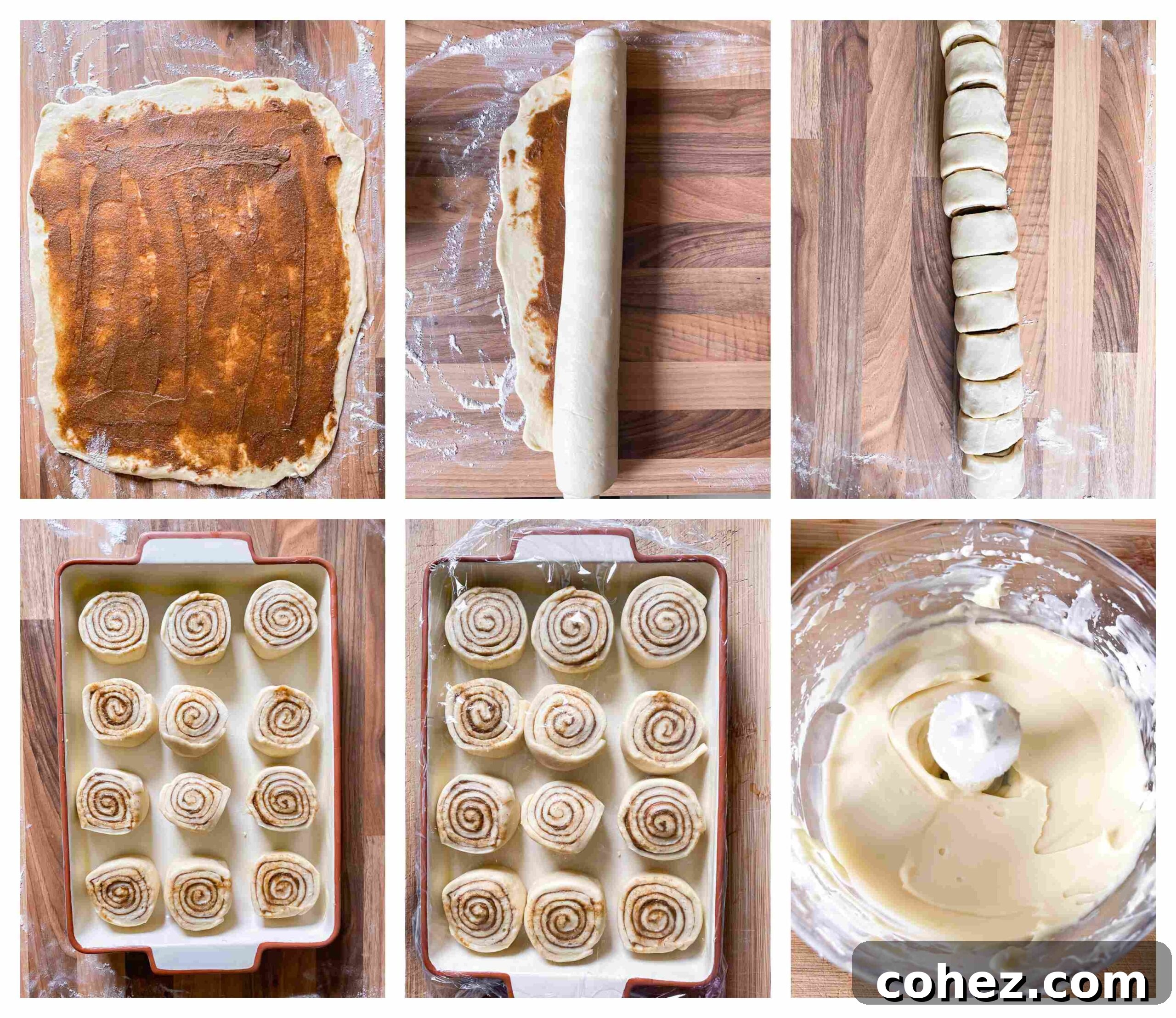 Maple Kissed Cream Cheese Cinnamon Buns 5 A visual guide showing the process of making cinnamon rolls: mixing dough, rolling, spreading filling, and slicing.