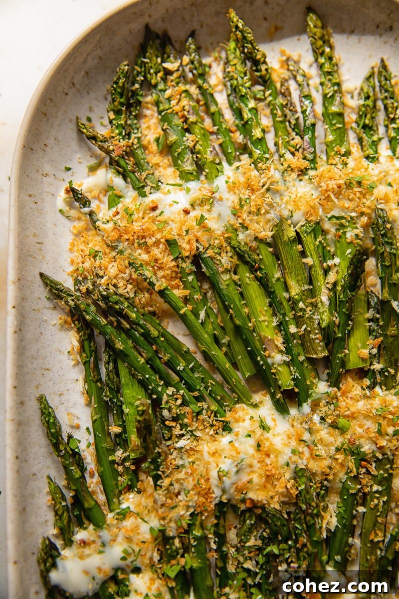 Roasted Asparagus with creamy Mornay sauce and golden breadcrumbs, elegantly presented on a serving dish.