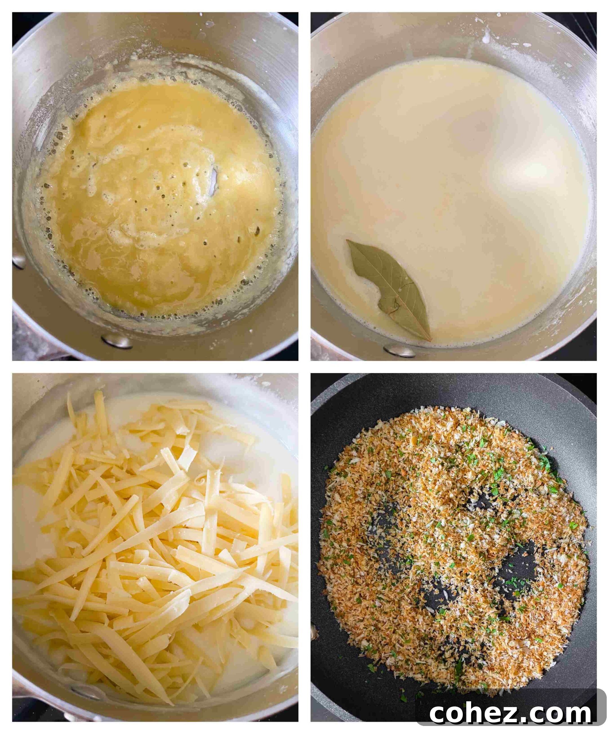 Step-by-step images showing the process of making Mornay sauce, from melting butter to whisking in milk and cheese.