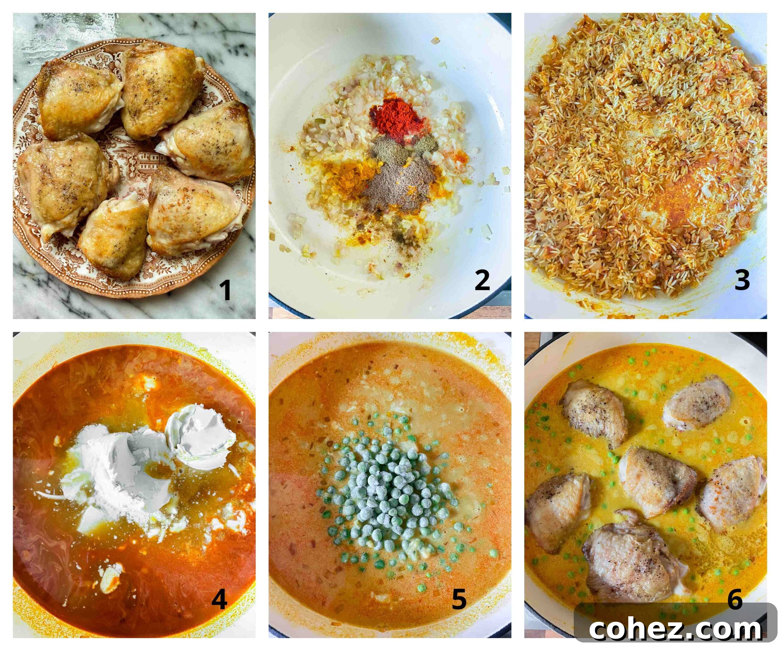 Step-by-step process images showing the preparation of chicken and yellow rice: browning chicken, sautéing aromatics, adding rice and liquid, and assembling the dish.