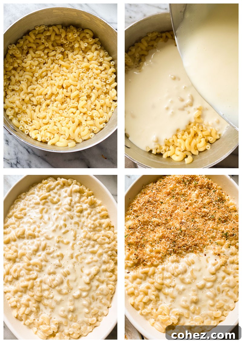A step-by-step visual guide showcasing the process of making baked macaroni and cheese, from mixing the sauce to adding the breadcrumb topping, illustrating the ease of preparation.
