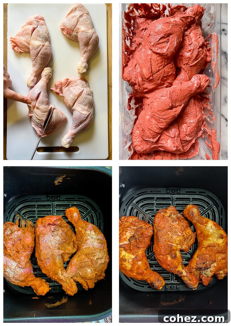 Process images showing chicken being cut, marinated, and placed into an air fryer