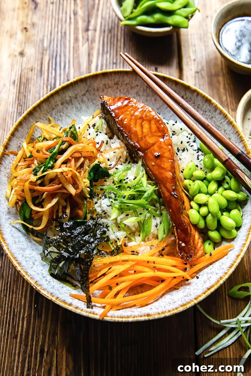 Savory Teriyaki Salmon Donburi 2 A vibrant teriyaki salmon donburi bowl featuring tender salmon, fresh vegetables, and edamame beans atop a bed of fluffy white rice.