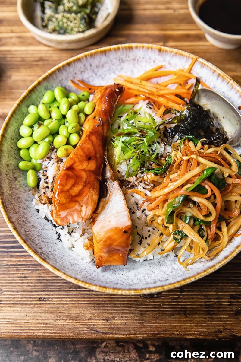 Teriyaki Salmon Rice Bowl 3 Teriyaki salmon with rice and mixed vegetables neatly arranged in a Donburi bowl