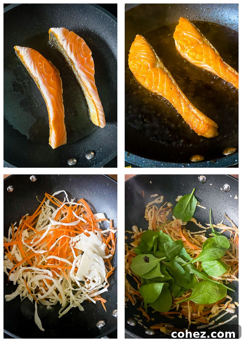 Savory Teriyaki Salmon Donburi 4 Step-by-step process images showing how to prepare a teriyaki salmon donburi bowl, from cooking the salmon to assembling the final dish.