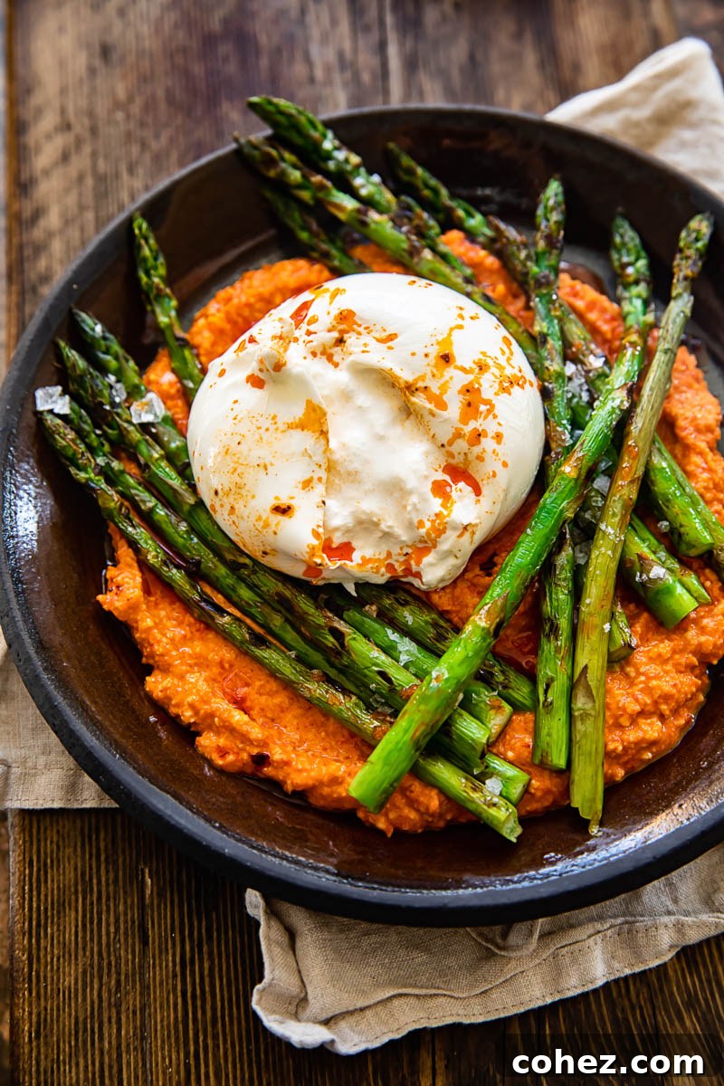 Top-down view of grilled asparagus on a bed of Romesco sauce with a dollop of burrata cheese on a rustic brown plate