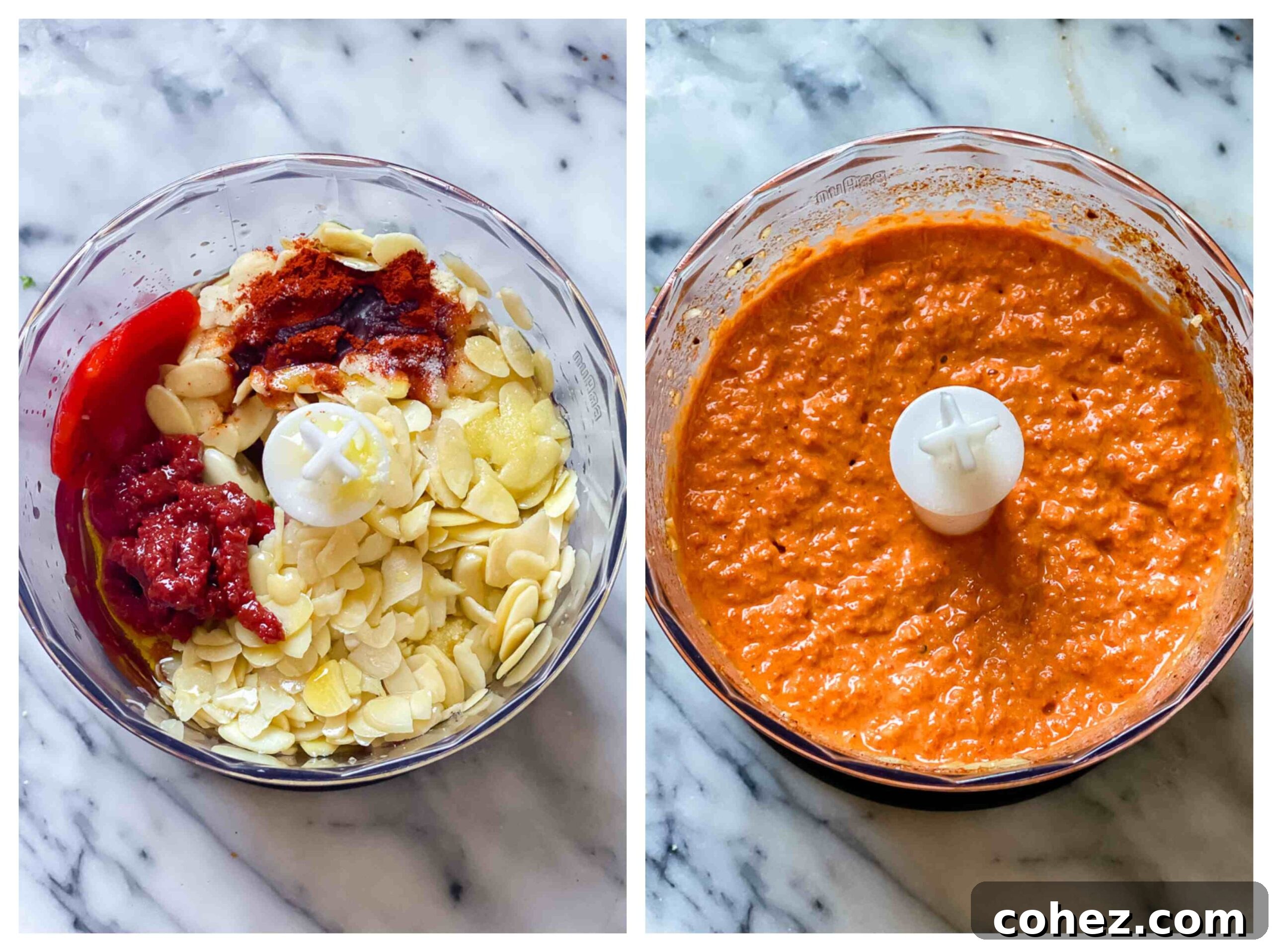 Before and after comparison of Romesco sauce ingredients: whole ingredients on the left, blended sauce on the right