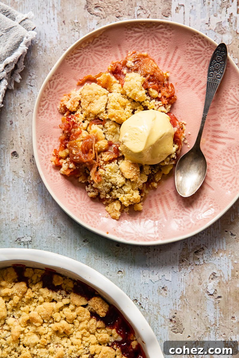 Top-down view of a serving of rhubarb crumble on a pink plate, perfectly paired with a scoop of creamy vanilla ice cream.