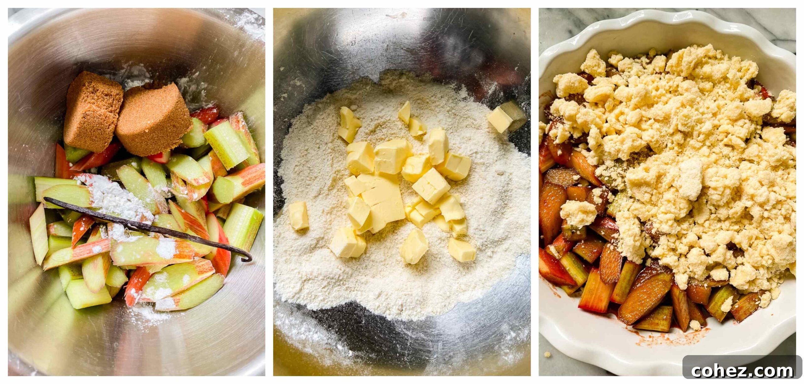 A series of process images showcasing the steps to making a delicious rhubarb crumble.