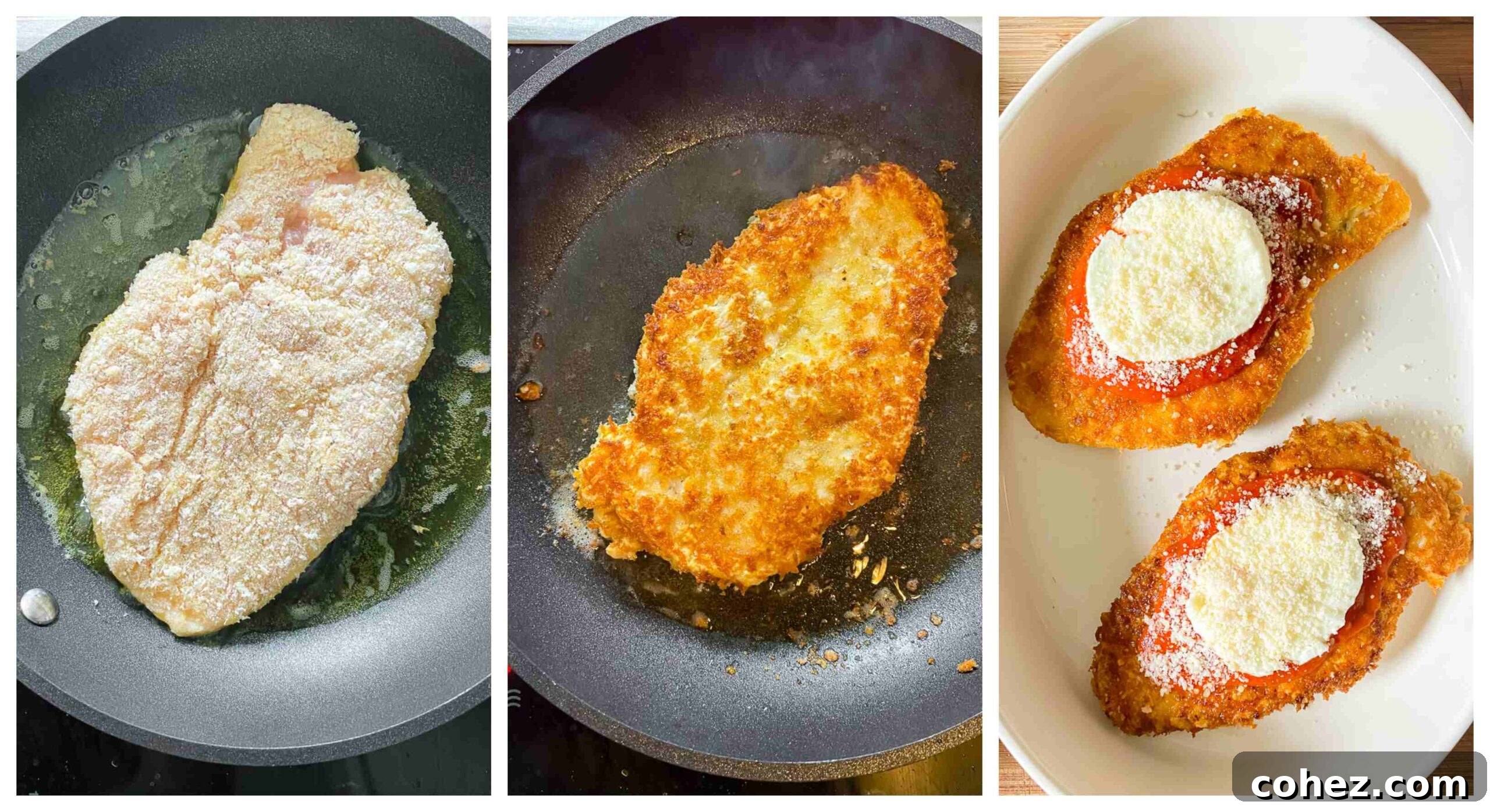 frying of the chicken parmesan and baking in the oven