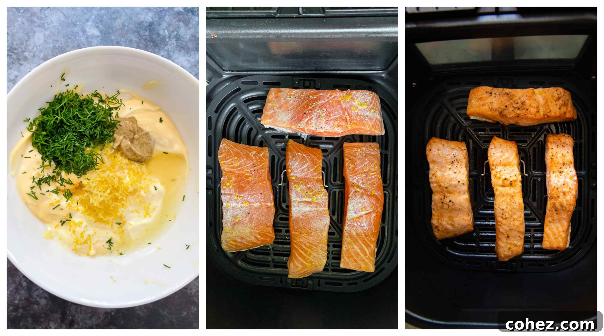 Step-by-step process images for making air fryer salmon and lemon dill sauce.