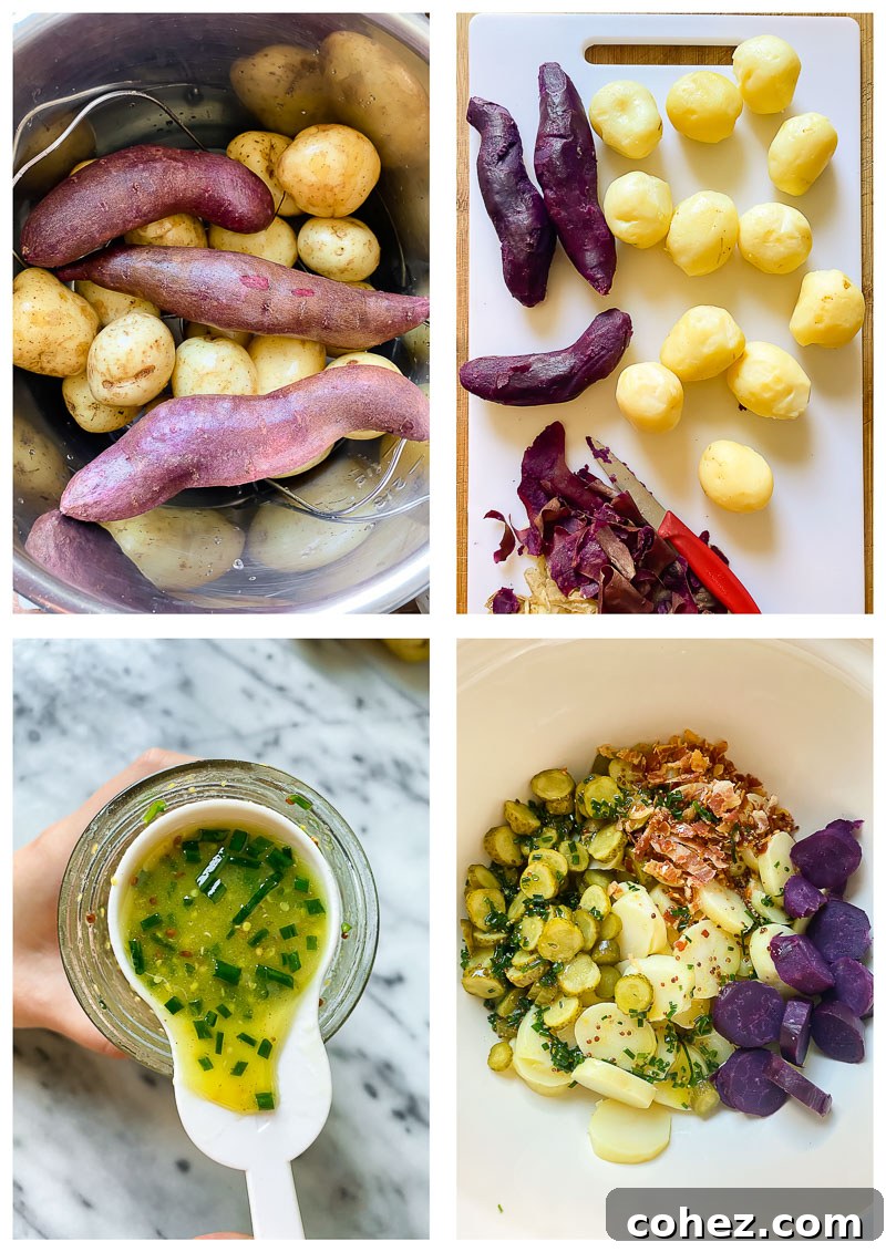 Hearty German Double Potato Salad with Crispy Bacon and Zesty Chive Vinaigrette 4 Collage of German potato salad ingredients and step-by-step preparation images