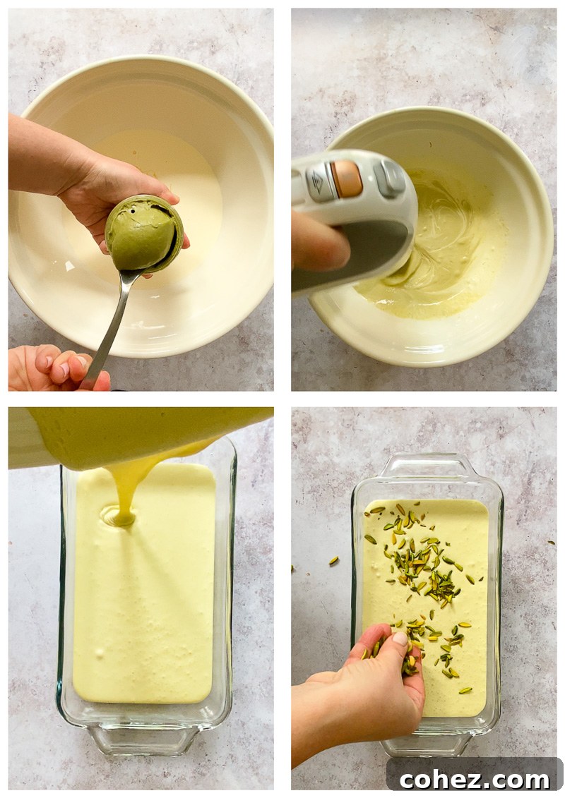 Effortless Pistachio Ice Cream Bliss 4 Step-by-step images showing the process of making no-churn pistachio ice cream, from mixing to adding nuts.
